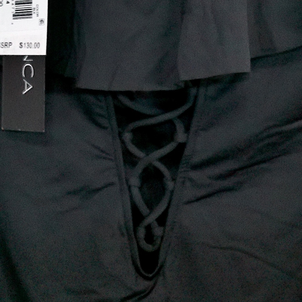 La Blanca 1 Pc Swim Suit Black Ruffled Collar Laced V Back, Bra,Lined Sz14 - Picture 6 of 7